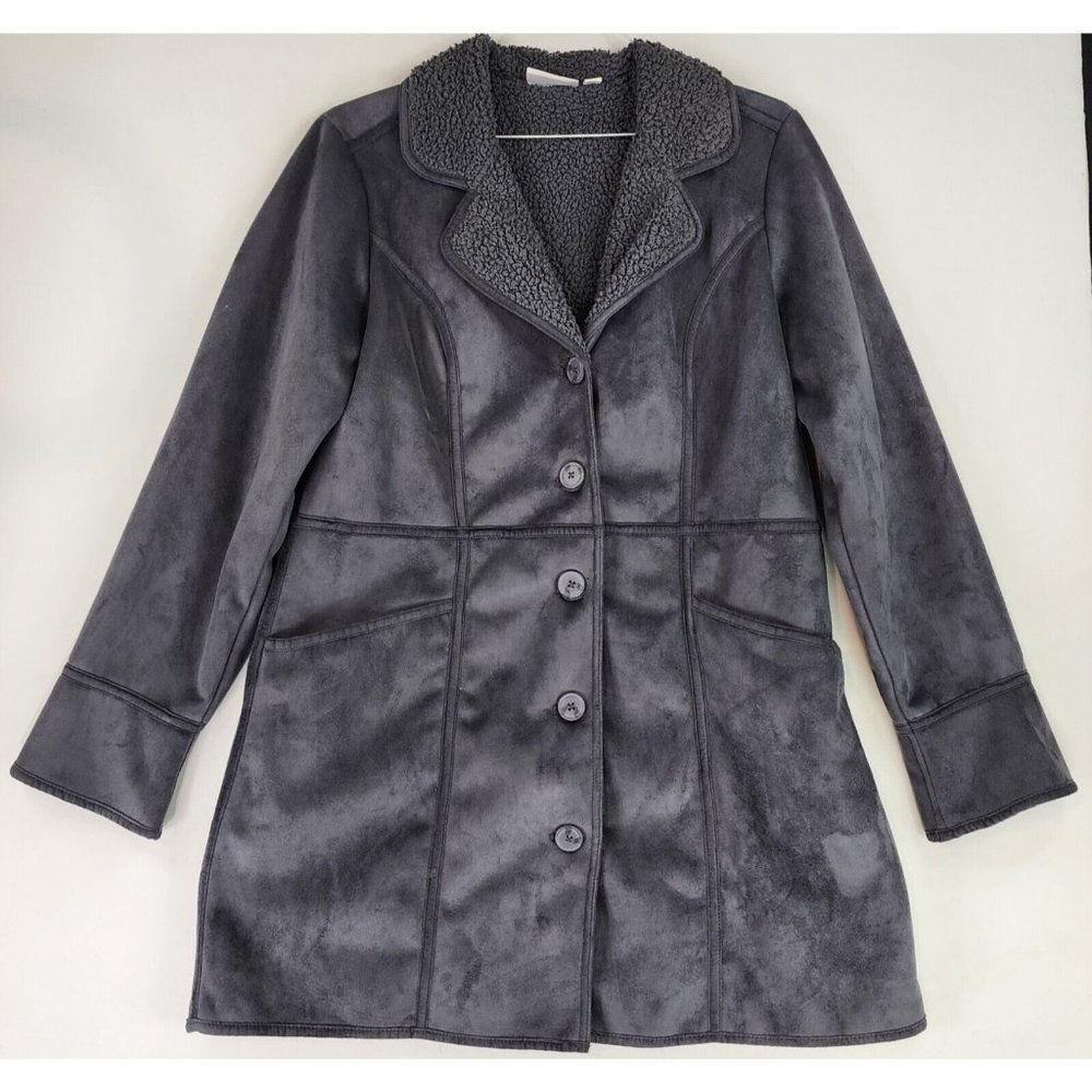 D & Co Jacket Womens Medium Gray Faux Suede Sherpa Lined Button Up Coat
